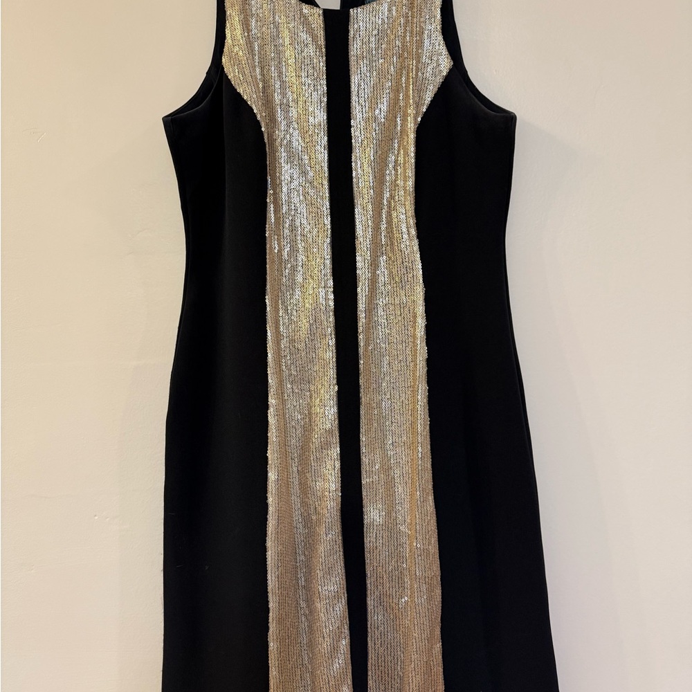 Gabby Skye Black and Gold Midi Dress